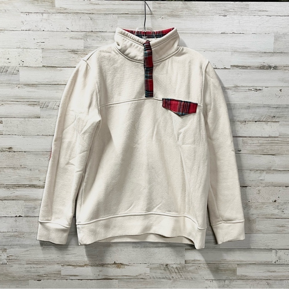 Entro Cream Turtleneck Sweater with Red and Blue Plaid Details